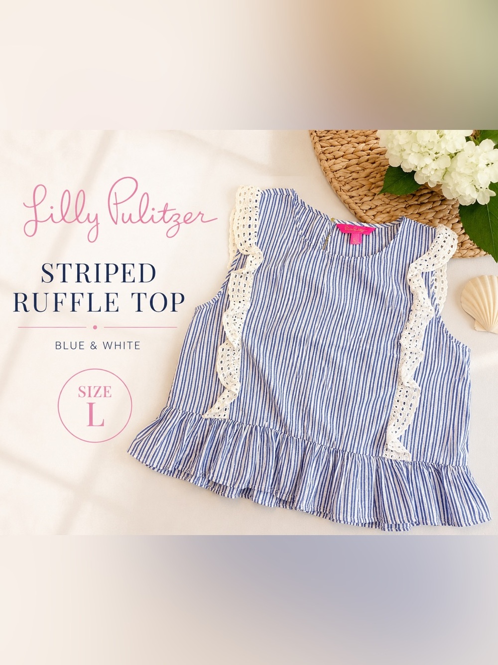 Lilly Pulitzer Blue & White Striped Ruffle Tank Top with Eyelet Trim Size L